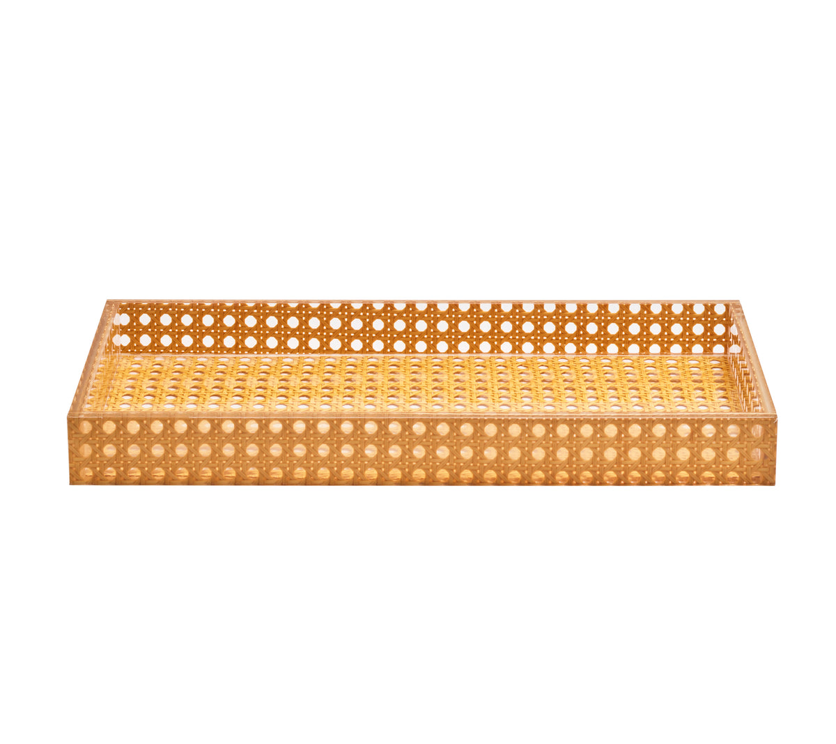 Close view of the Reed Vanity Tray in Natural showcasing its signature reed pattern and glossed finish with a white background