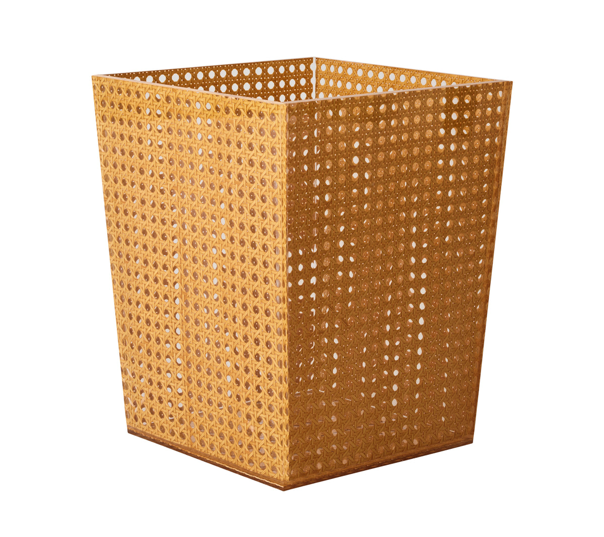 Angled view of Reed Waste Basket in Natural showcasing its glossed woven reed pattern against a white background