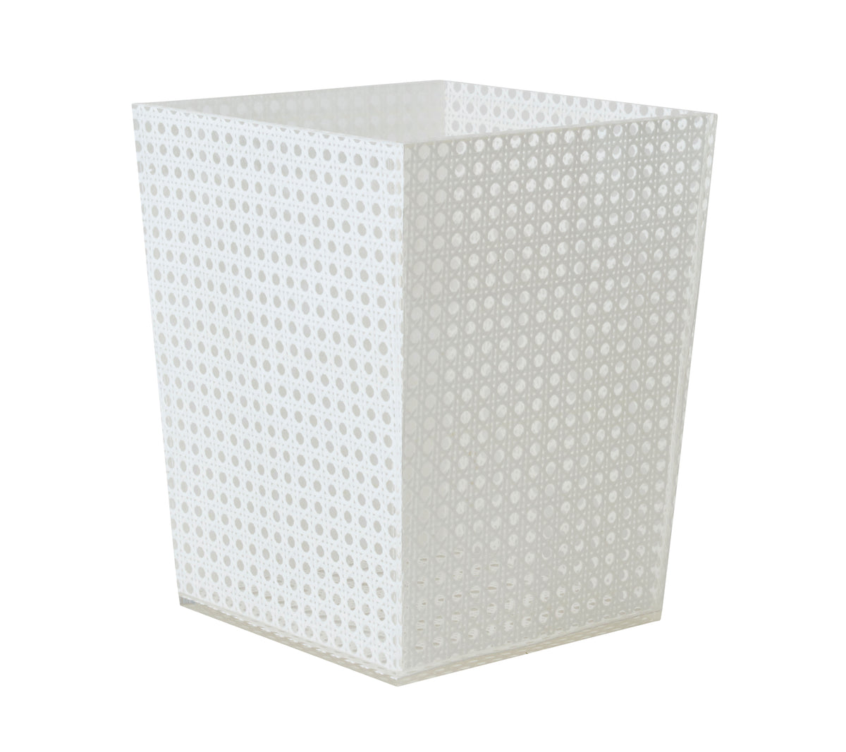 Close-up view of Reed Waste Basket in White showcasing the signature reed pattern and glossed finish with a white background