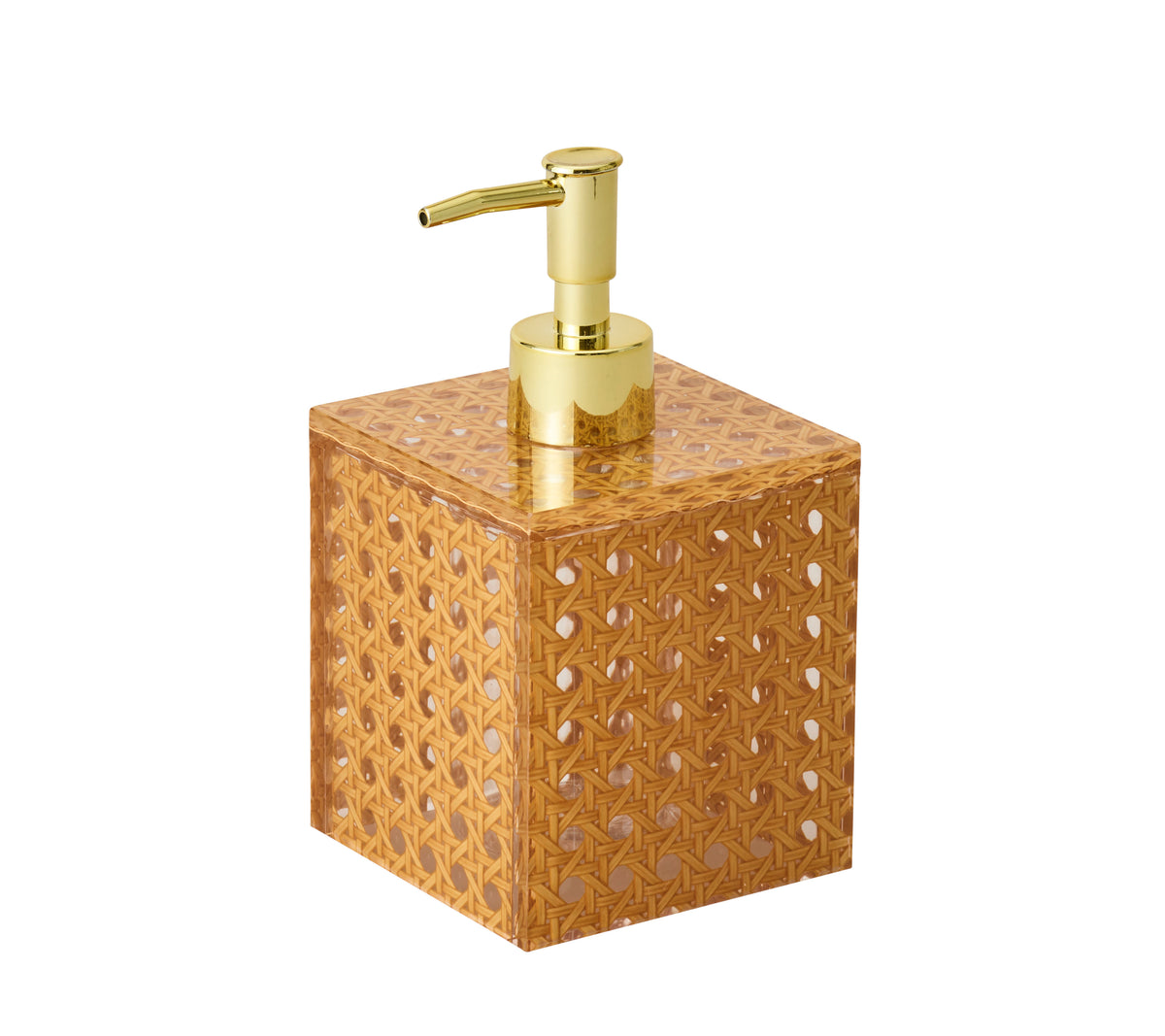 Close-up of Reed Soap Dispenser in Natural showcasing gold-tone pump on a natural reed-patterned base