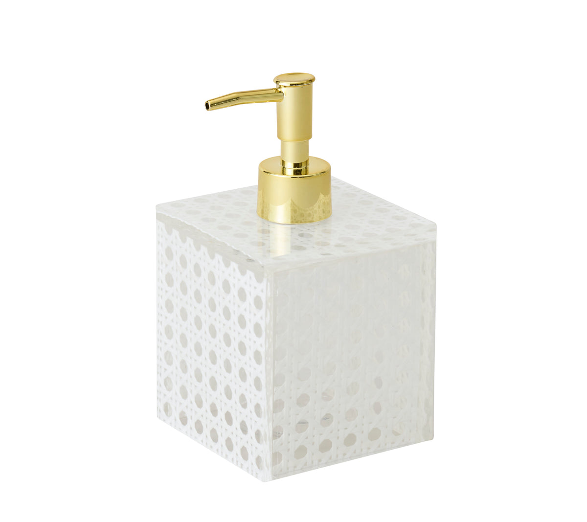 Front three quarter view of Reed Soap Dispenser in White showcasing its cylindrical pump and spout on a white marble surface