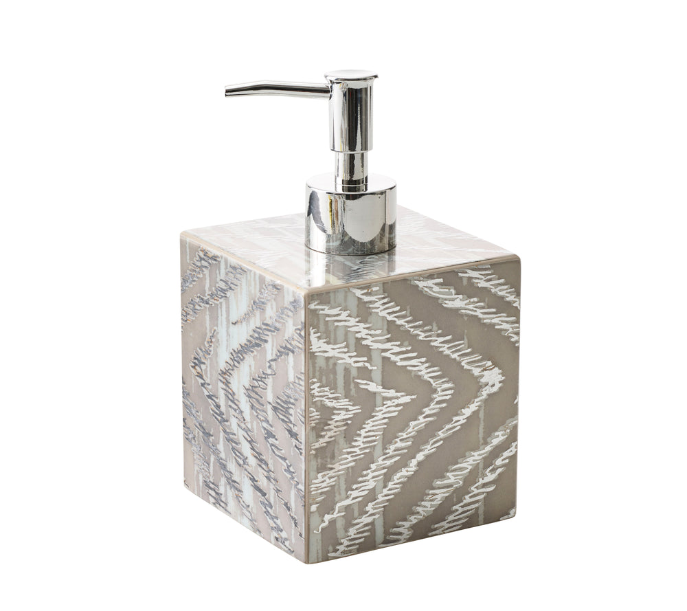 Front three-quarter view of the Zebra Soap Dispenser showcasing a metallic silver and gray zebra pattern with a white background