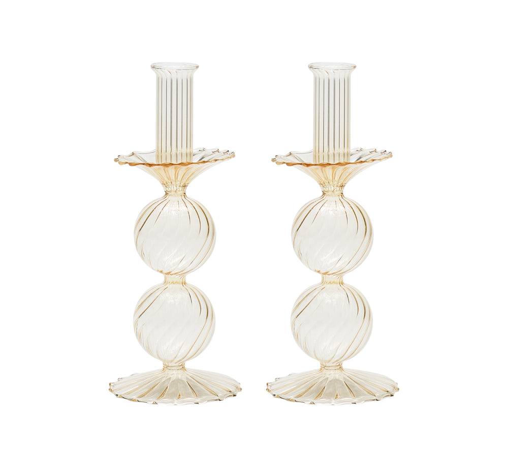 Front view of Bella Short Candle Holder in Champagne, set of 2 showcasing stacked glass globes and scalloped bases on a white background