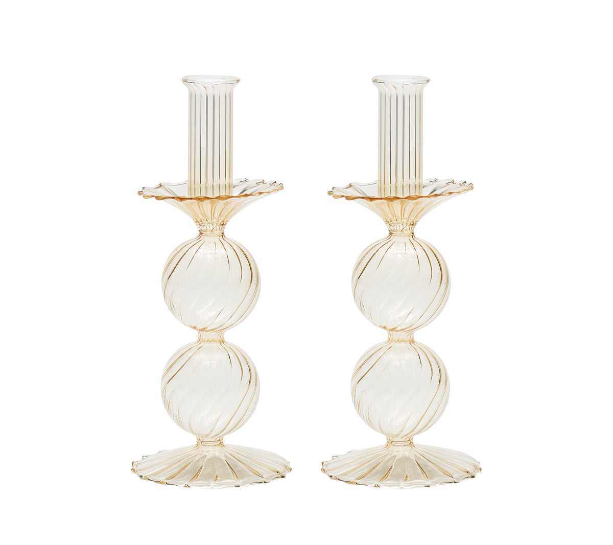 Front view of Bella Short Candle Holder in Champagne, set of 2 showcasing stacked glass globes and scalloped bases on a white background