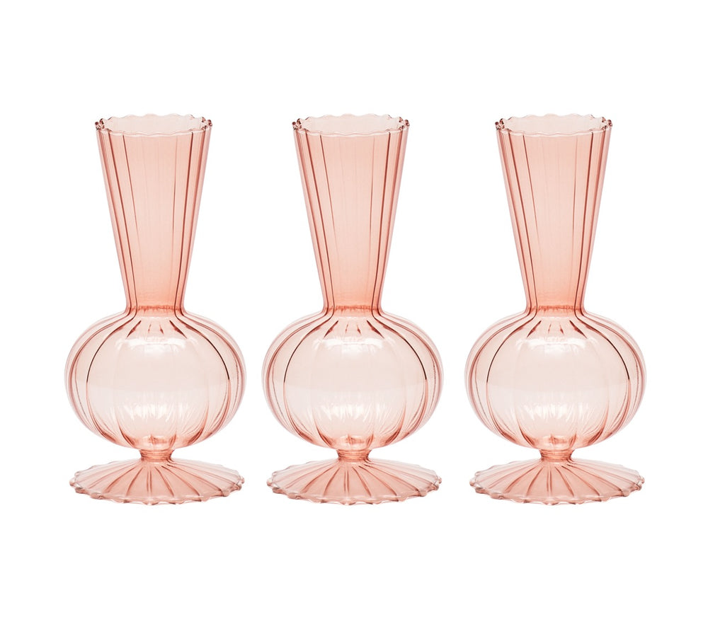 Front view of Tess Bud Vase set of 3 showcasing fluted tapered neck, rounded globe base, and scalloped foot on white background