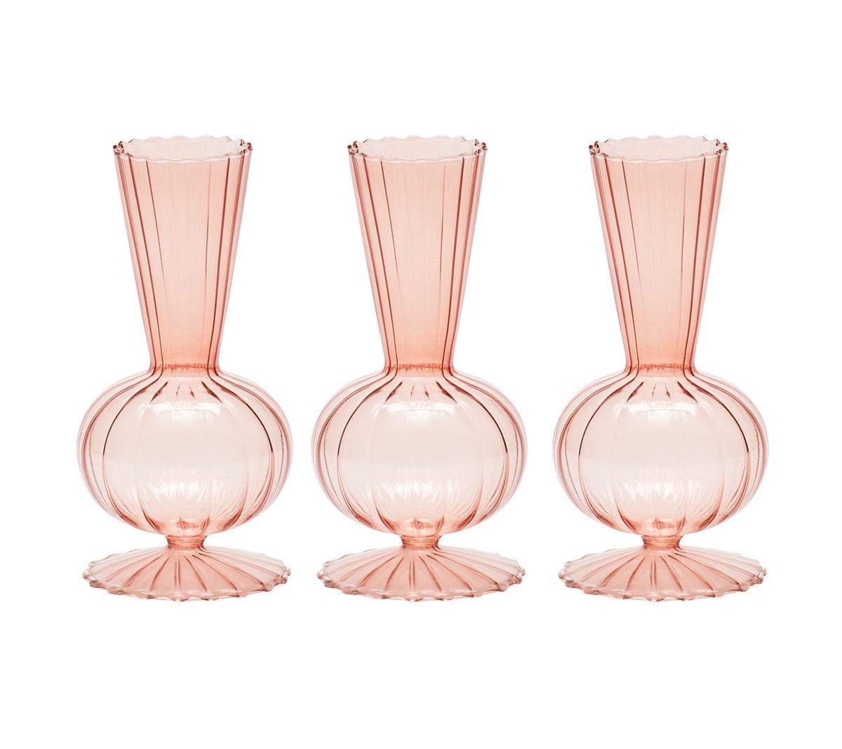 Front view of Tess Bud Vase set of 3 showcasing fluted tapered neck, rounded globe base, and scalloped foot on white background
