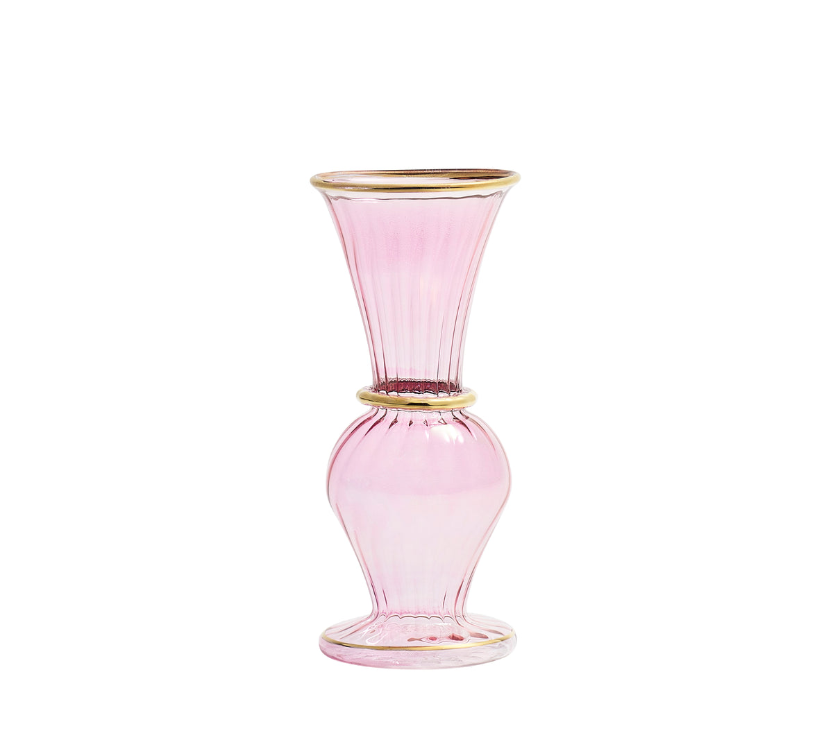 Front view of pink trumpet bud vase showcasing fluted trumpet top, globe base and gold rim accents on white background