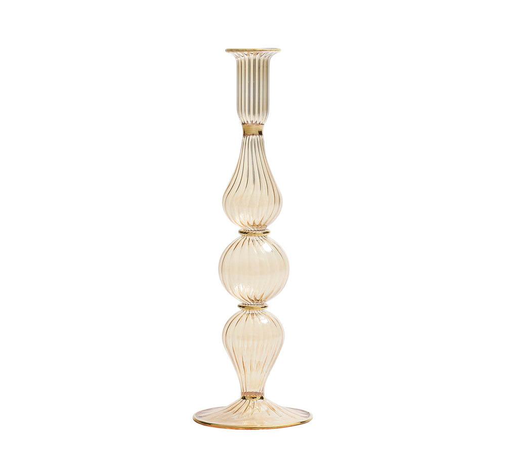 Front view of Ripple Candle Holder in Champagne showcasing three rippled glass globes and 18K gold trim on a white background