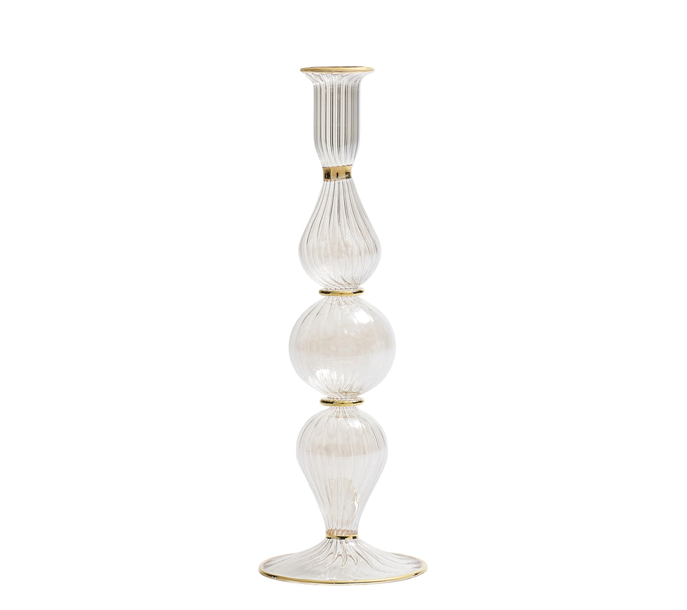 Front view of Ripple Candle Holder in Clear showcasing a center globe, two tapered globes, and 18K gold trim on white