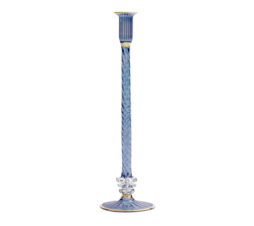 Front view of Braid Candle Holder in Blue showcasing elongated braided stem, detailed base, and 18K gold bands against white background