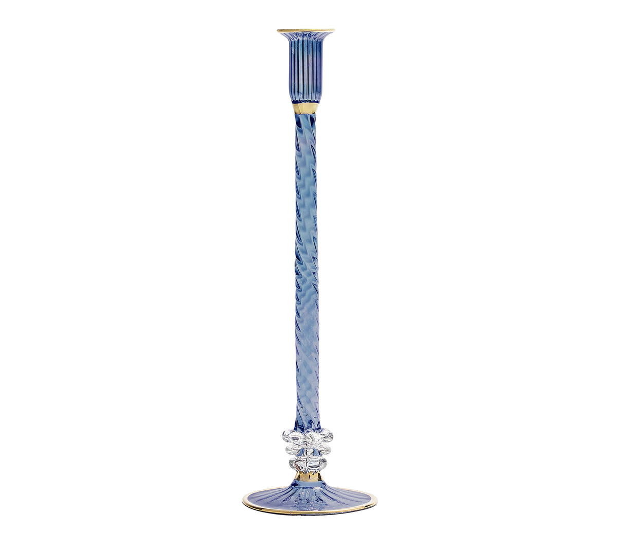 Front view of Braid Candle Holder in Blue showcasing elongated braided stem, detailed base, and 18K gold bands against white background