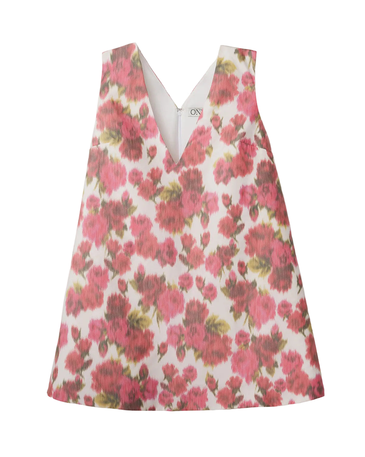 Front view of Diana Mini Dress showcasing red floral print and deep V-neckline with white background