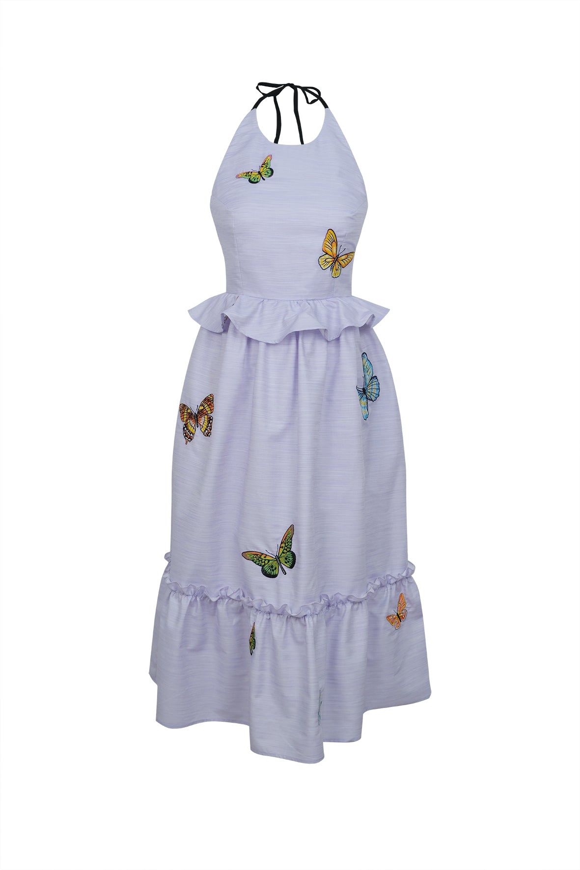 Front view of Didem Dress with halter tie-back, peplum waist, tiered hem, and butterfly embroidery on lilac-striped cotton