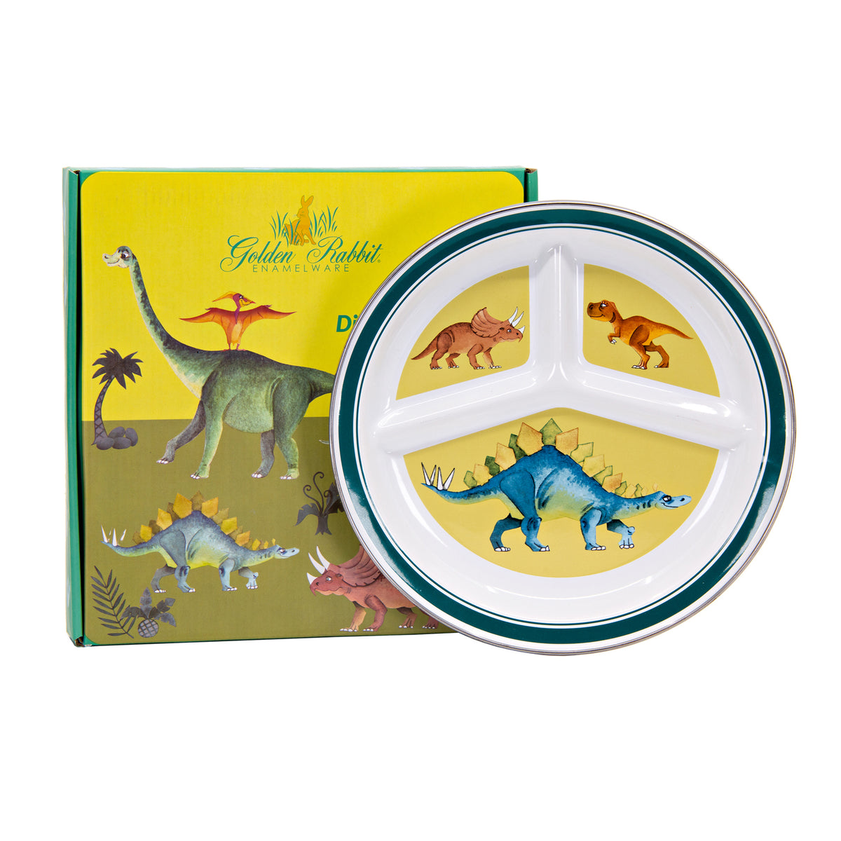Front view of Dinosaurs Toddler Plate showcasing dinosaur illustrations and divided sections with boxed packaging background