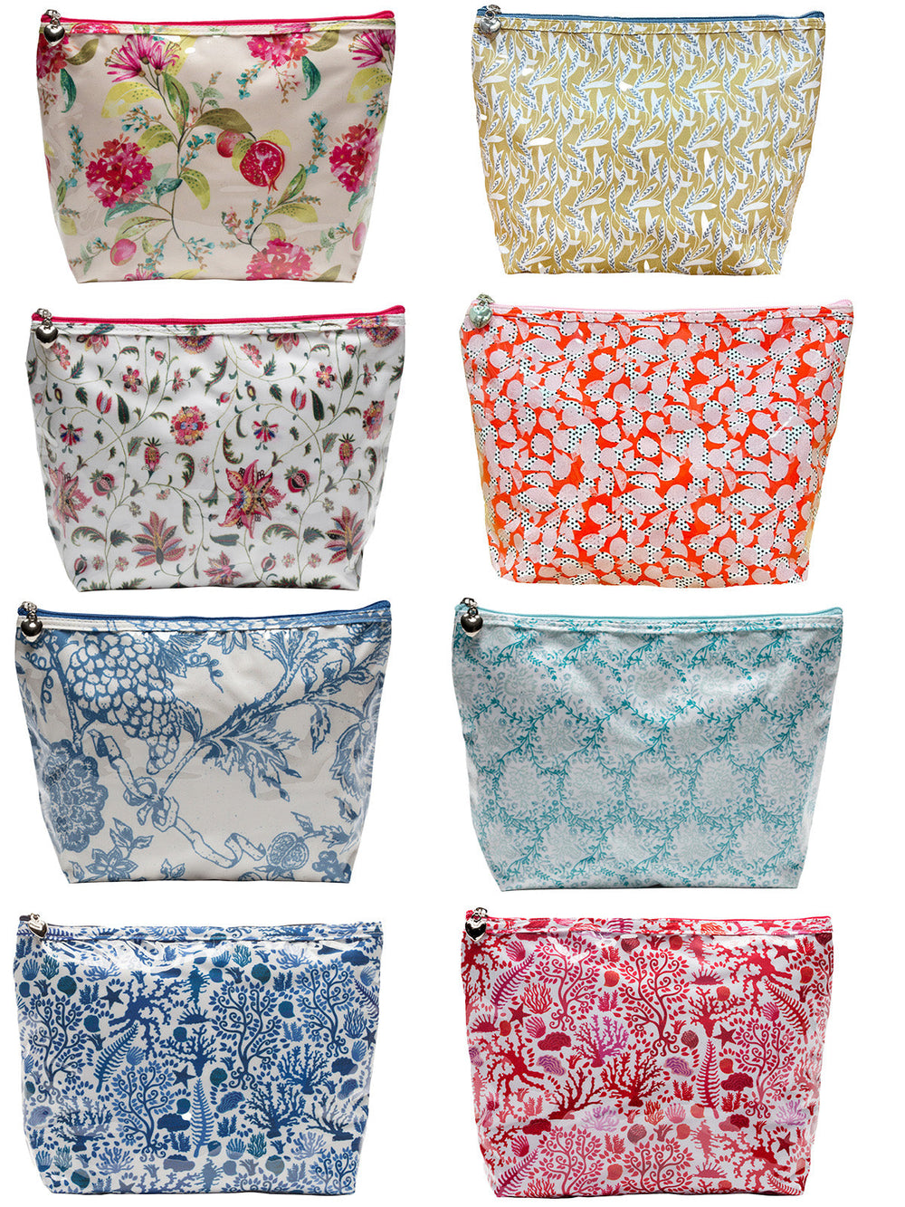 Front view of Jacaranda Living medium cosmetic bag showing eight assorted floral and patterned prints on white background