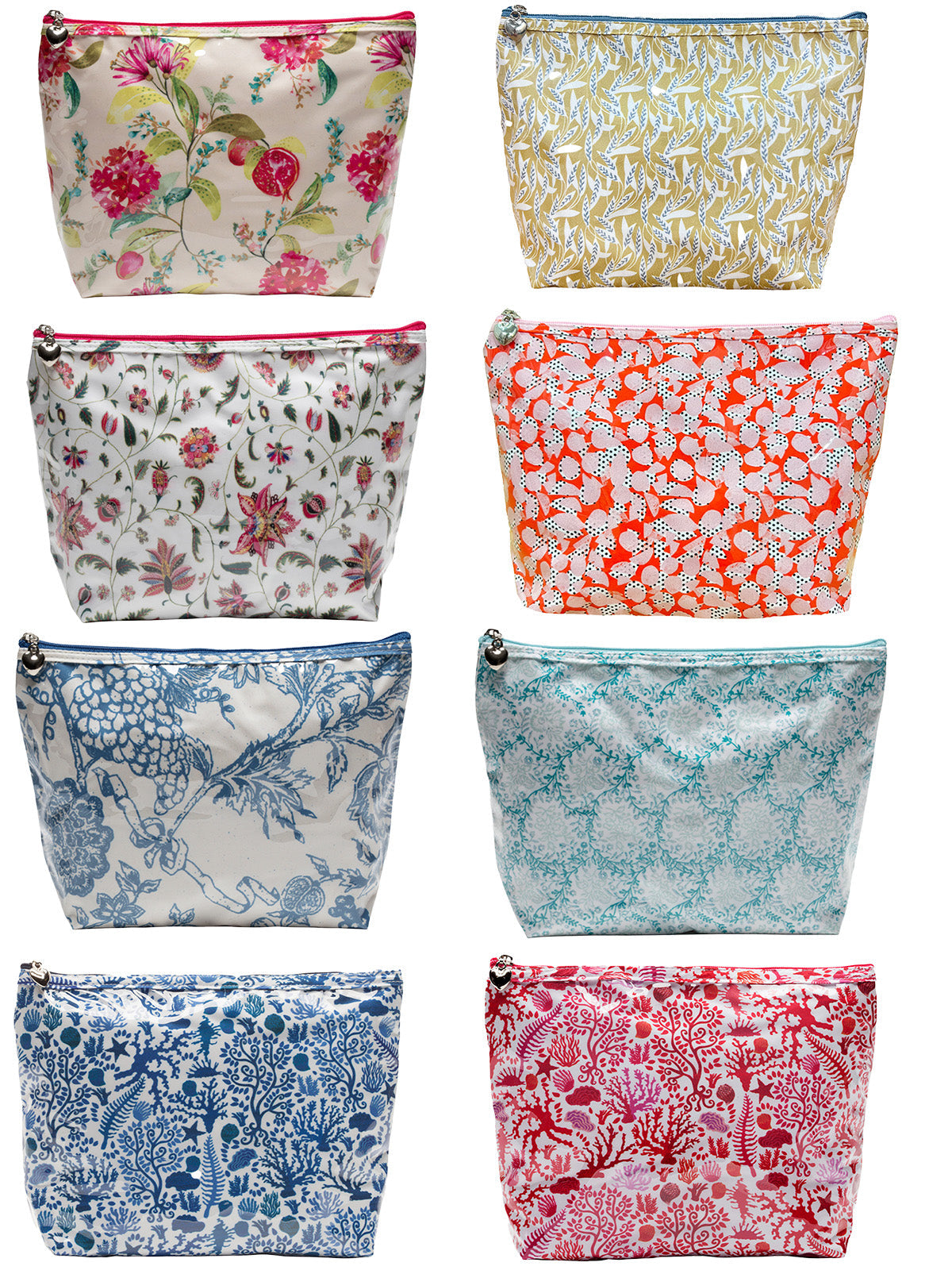 Front view of Jacaranda Living medium cosmetic bag showing eight assorted floral and patterned prints on white background