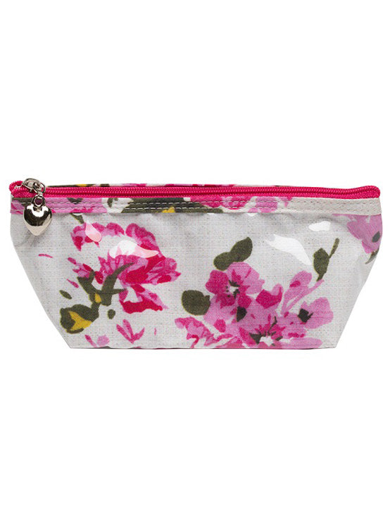 Front view of X-small cosmetic bag with pink floral exterior, glossy waterproof PVC coating, and fuchsia zipper