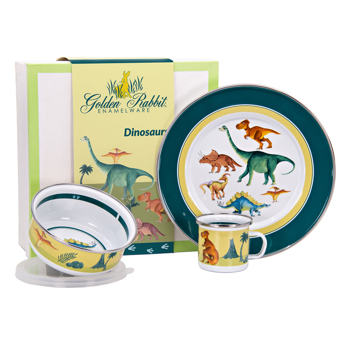 Front view of Child Set in Dinosaurs showcasing dinosaur decorated mug, bowl, and plate with boxed packaging
