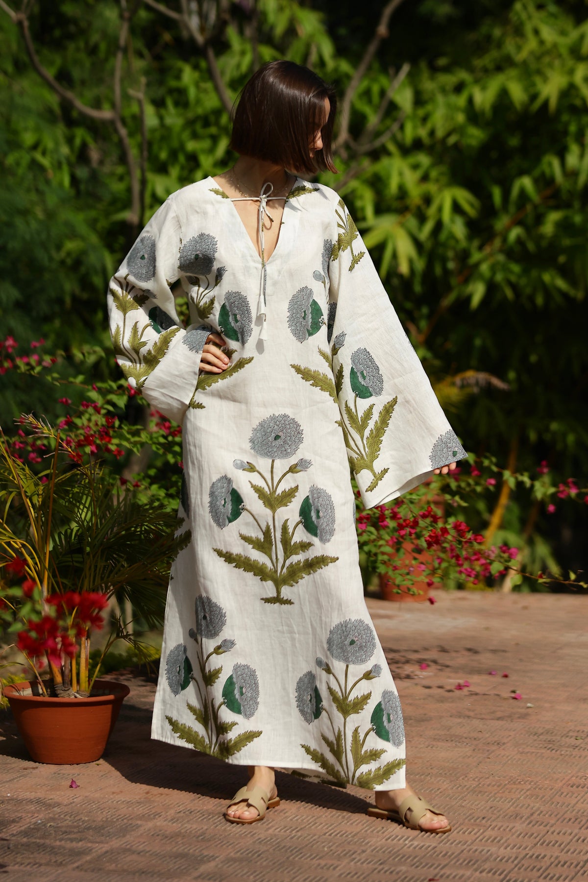 Doha Caftan in Blue & Green Flower