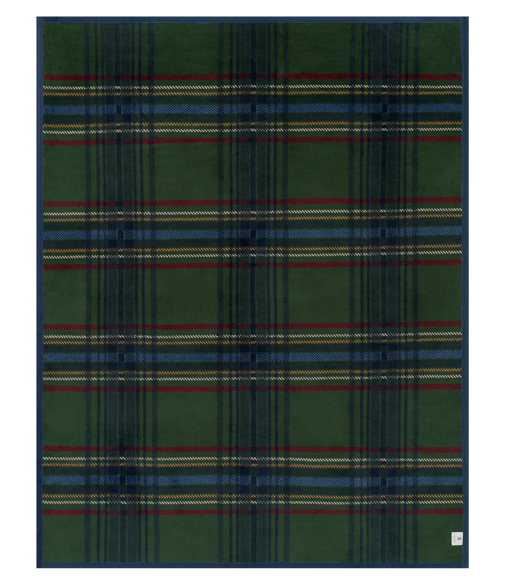 Green and blue tartan blanket with red and gold stripe accents throughout the woven pattern.