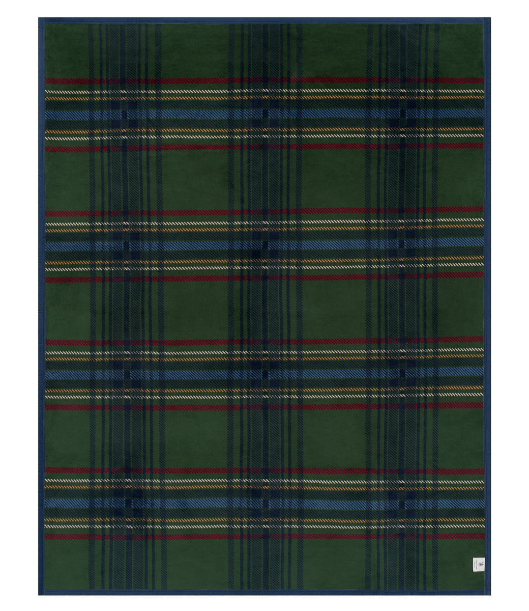 Green and blue tartan blanket with red and gold stripe accents throughout the woven pattern.