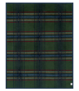 Green and blue tartan blanket with red and gold stripe accents throughout the woven pattern.