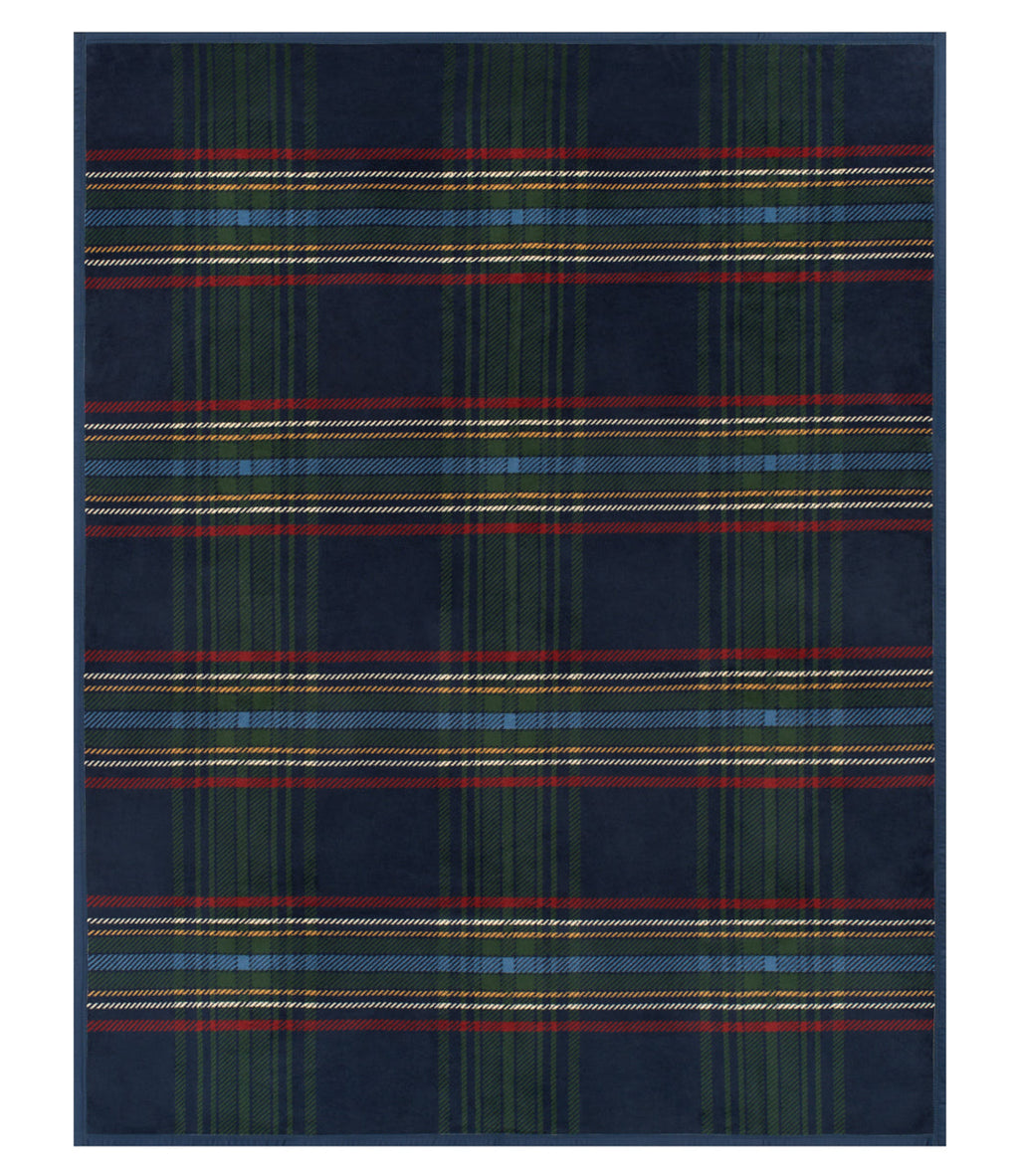 Navy wool blanket with green and blue tartan plaid pattern and red, gold, and white stripe bands.