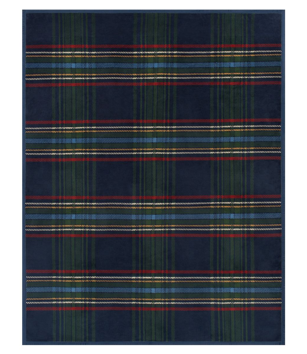 Navy wool blanket with green and blue tartan plaid pattern and red, gold, and white stripe bands.