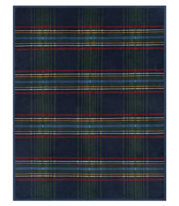 Navy wool blanket with green and blue tartan plaid pattern and red, gold, and white stripe bands.