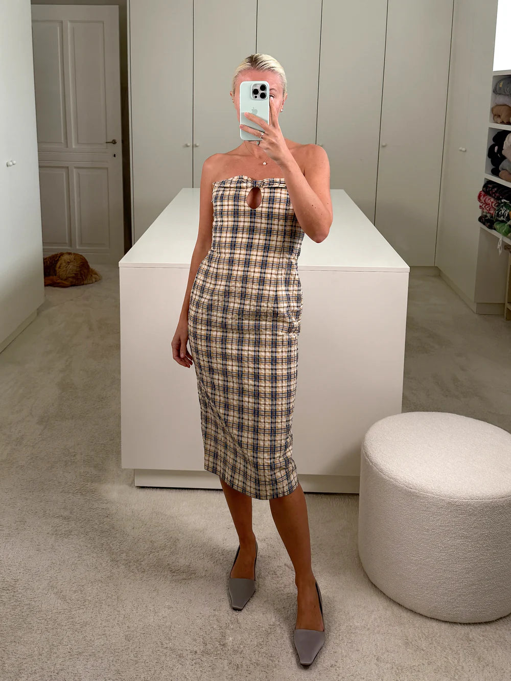 Charlotte Dress in Blue & Beige Seersucker Check