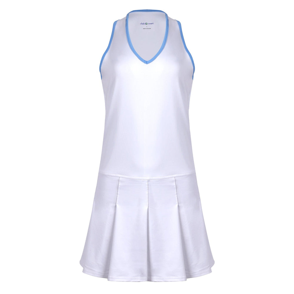 Front view of Kelly Dress showing sleeveless v-neck, box-pleat skirt, and blue trim on white background