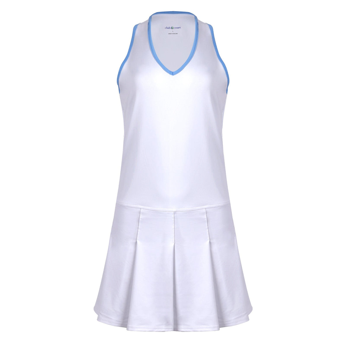 Front view of Kelly Dress showing sleeveless v-neck, box-pleat skirt, and blue trim on white background