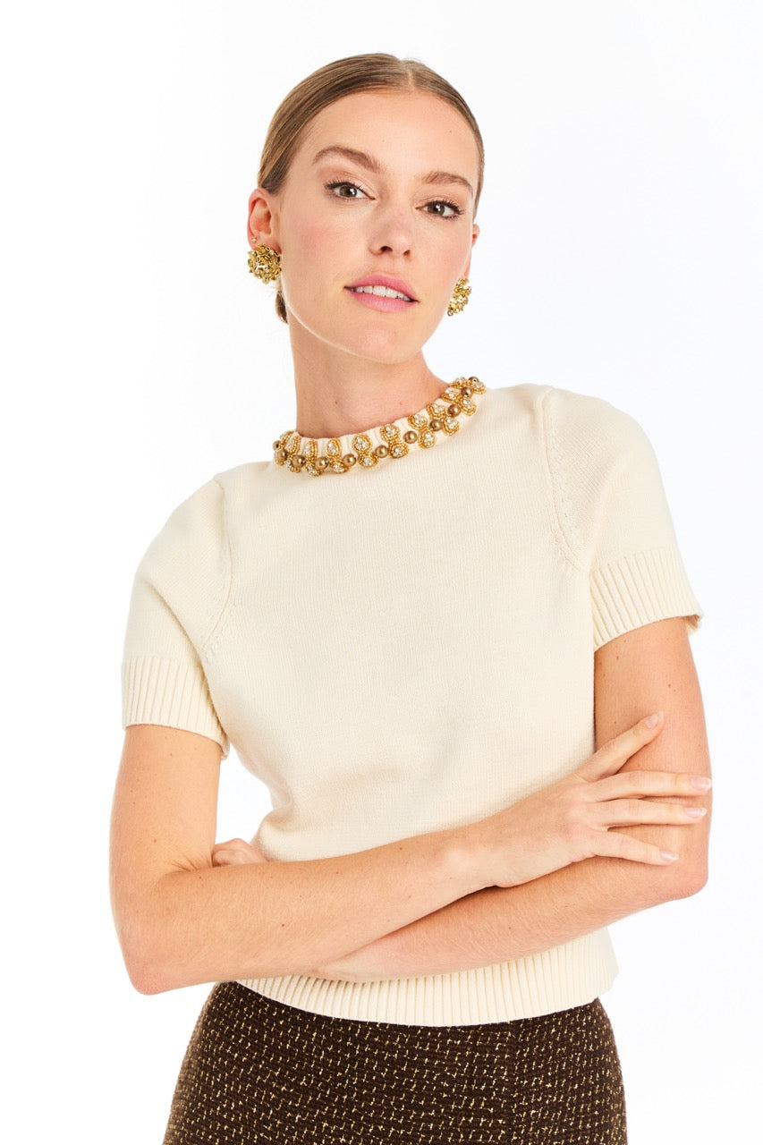 Drew Crew-Neck Sweater in Panna Cotta Ivory