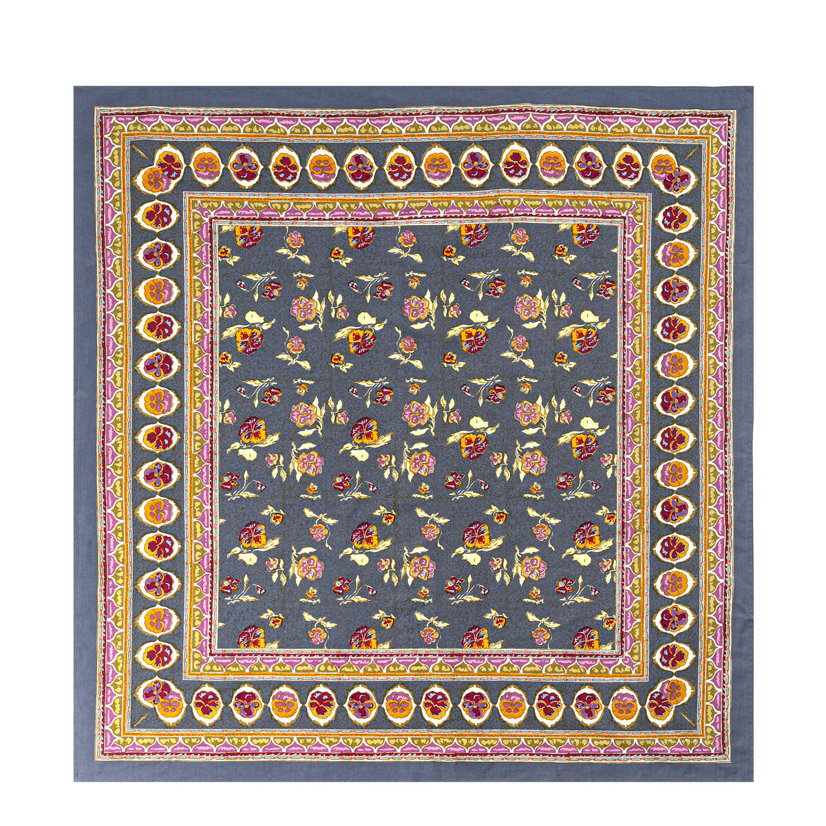 Close-up of French Tablecloth Pansy in Red and Grey showcasing floral and abstract patterns on a white background