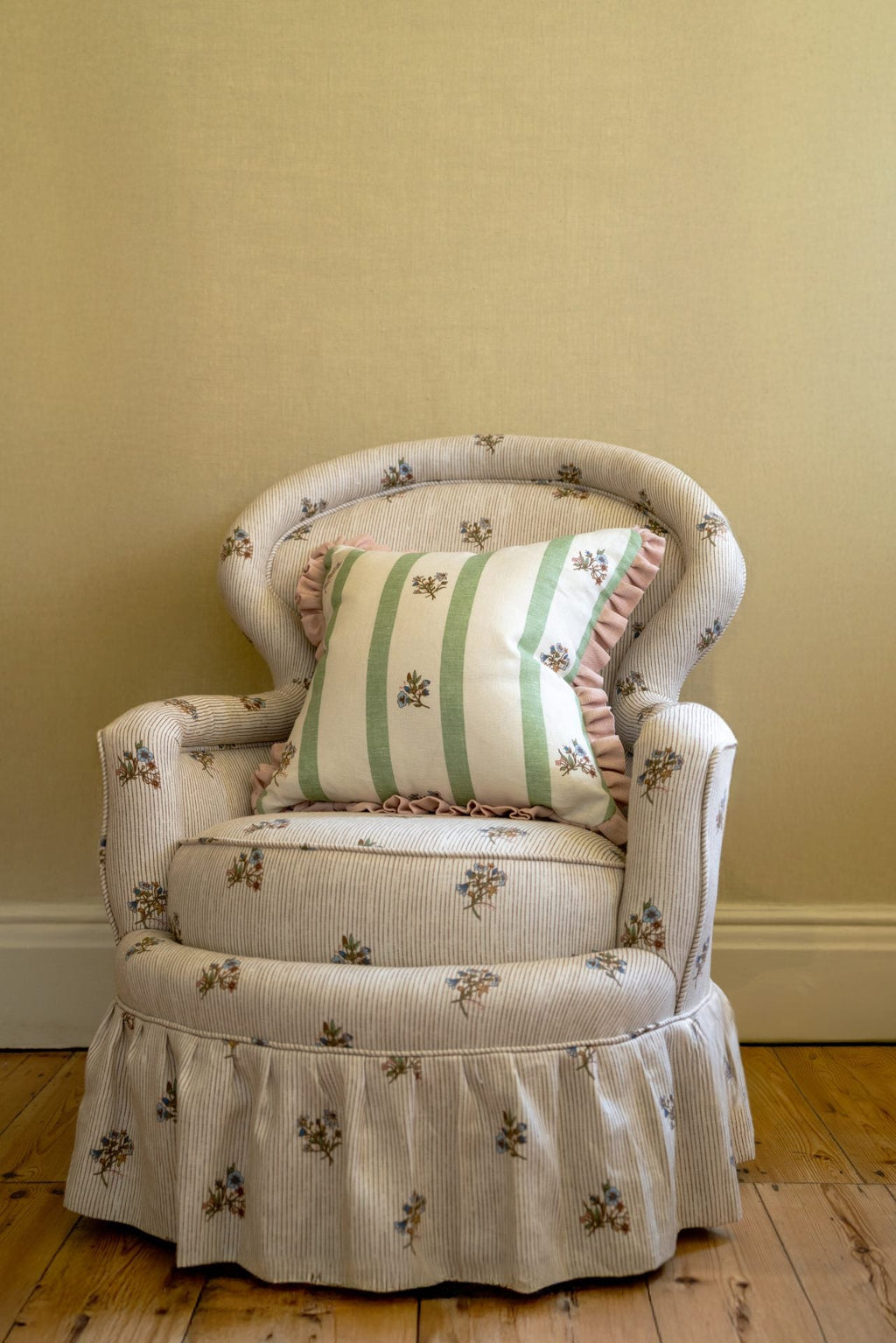 Flax & Field Posy Stripe Eucalyptus Cushion with English Rose Frill