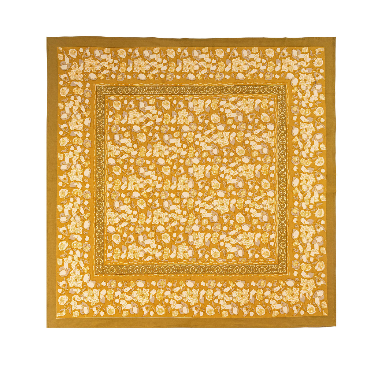Front view of French Tablecloth Forest Harvest Grey and Mustard showcasing fruit and entwined foliage pattern with white background
