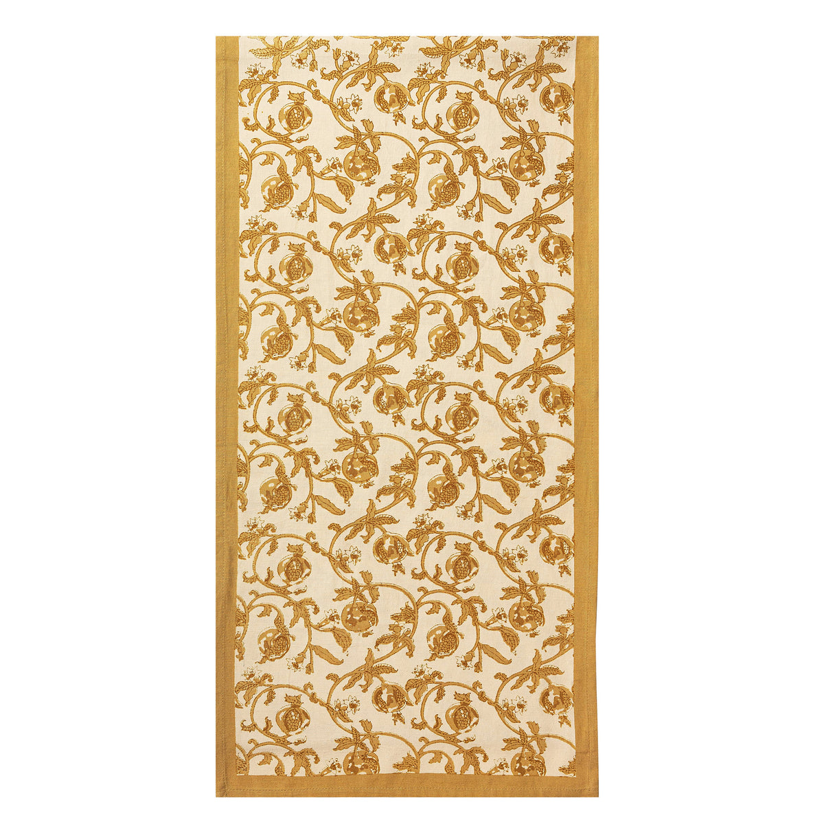 Close up of Granada Runner Mustard showcasing intertwined floral and pomegranate pattern on a white background