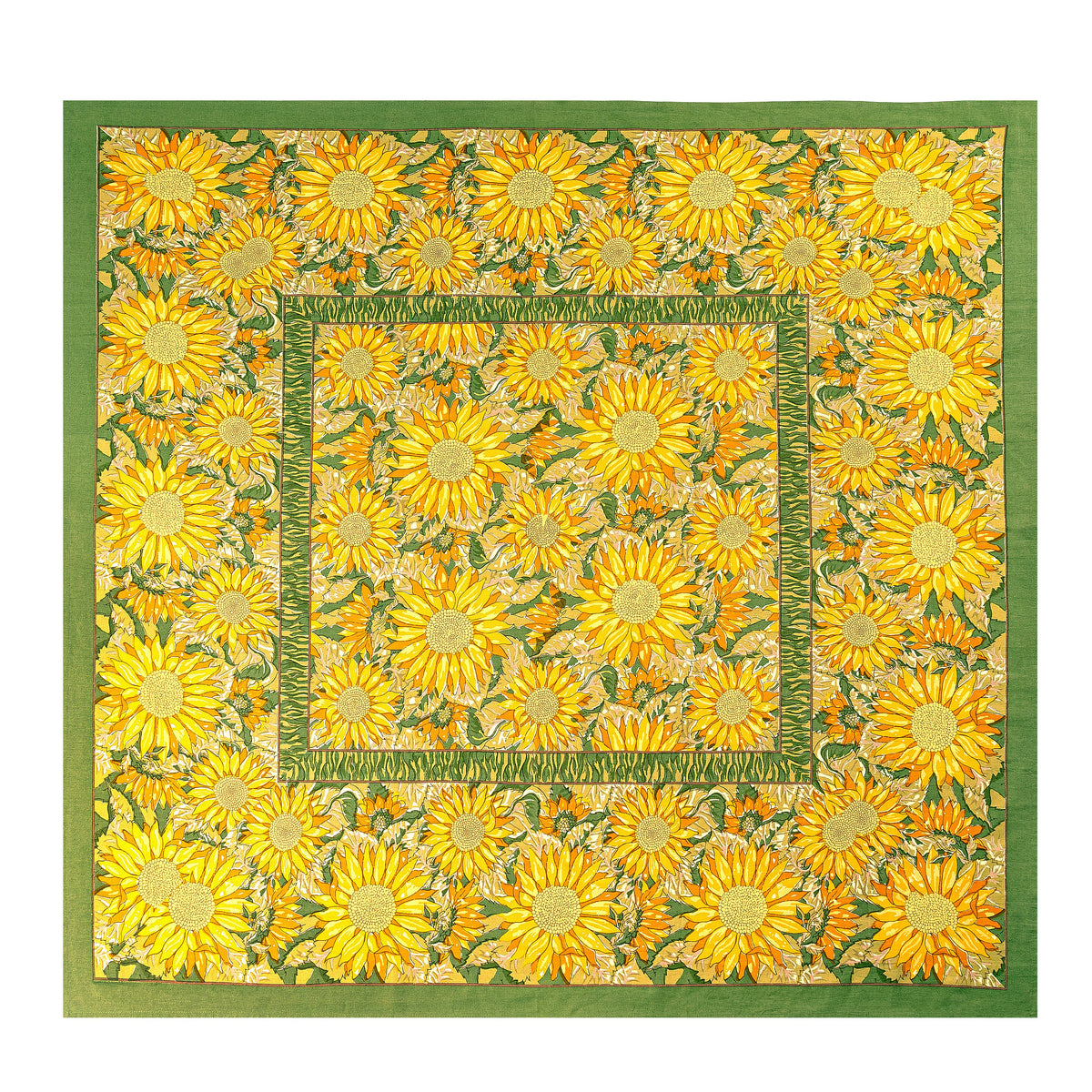 Front view of French Tablecloth Sunflower in Yellow and Green showcasing sunflower pattern with white background