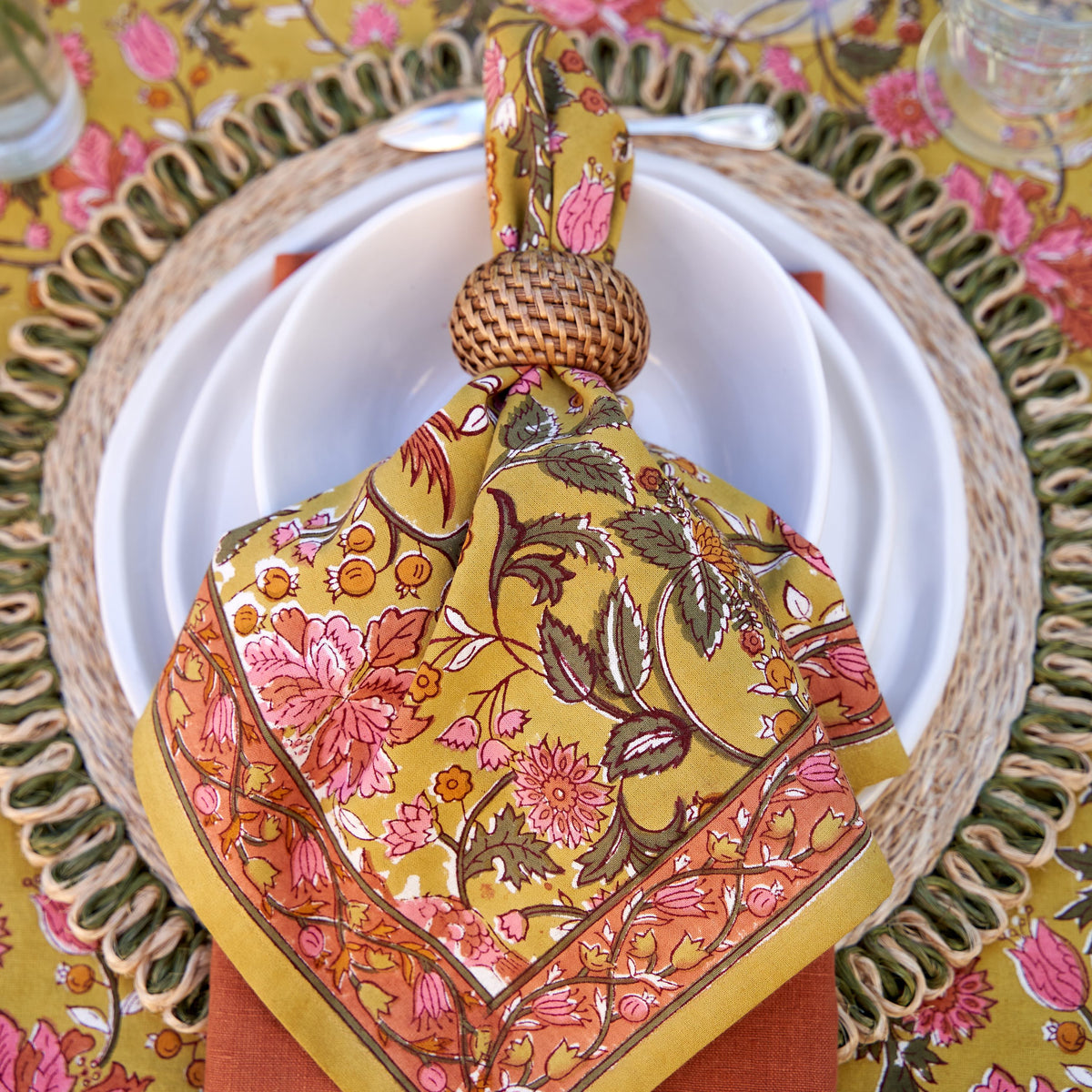Damaris Napkins Pink & Mustard, Set of 4