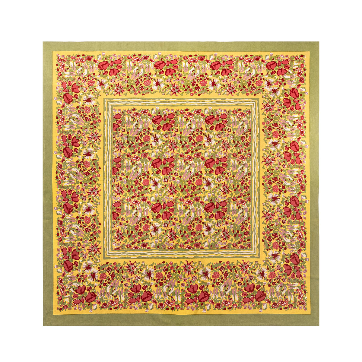 Top view of French Tablecloth Jardin Red and Green showcasing its floral garden pattern with a white background