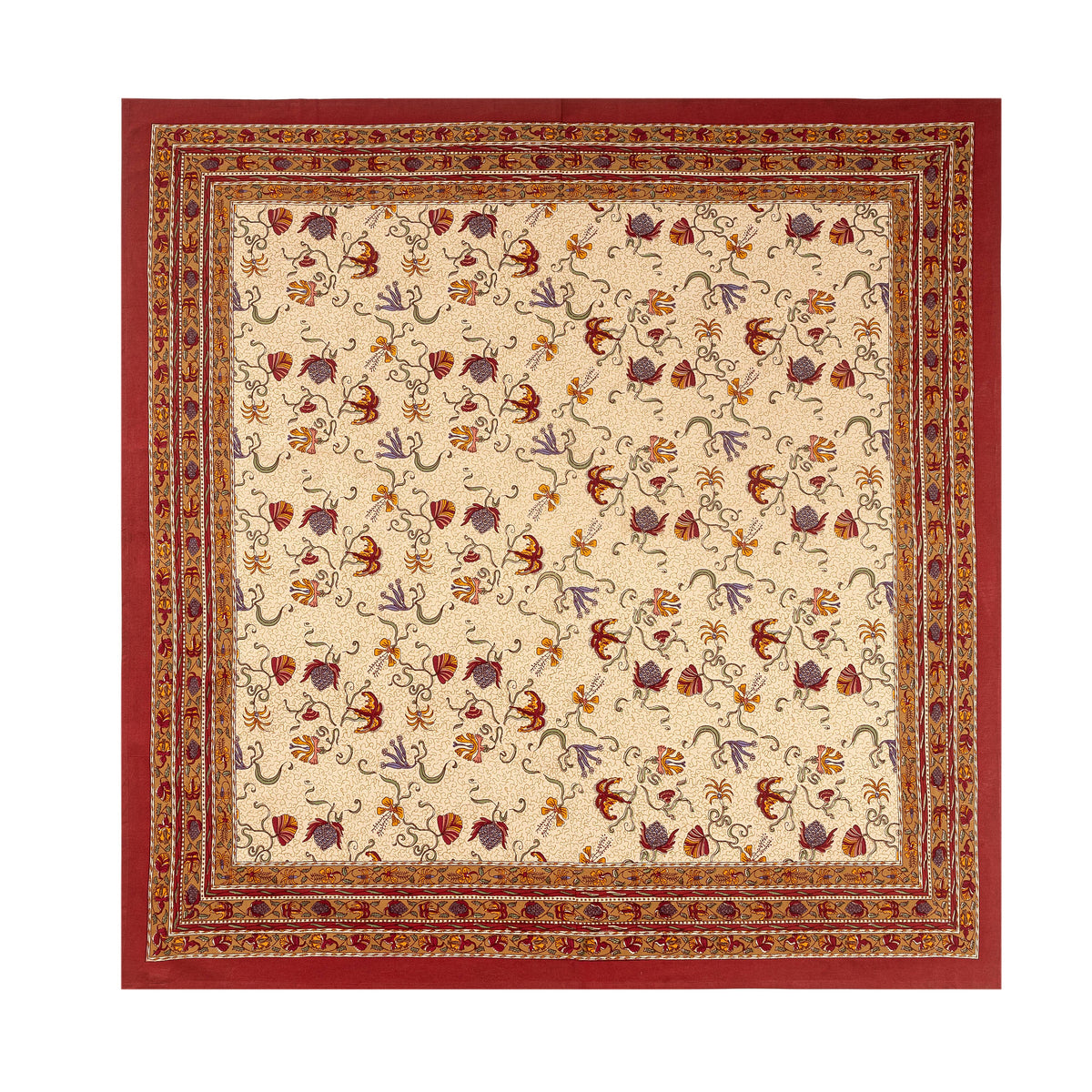 Flat view of French Tablecloth Fleur des Indes showcasing rich harvest tones curling vines and exotic florals on white