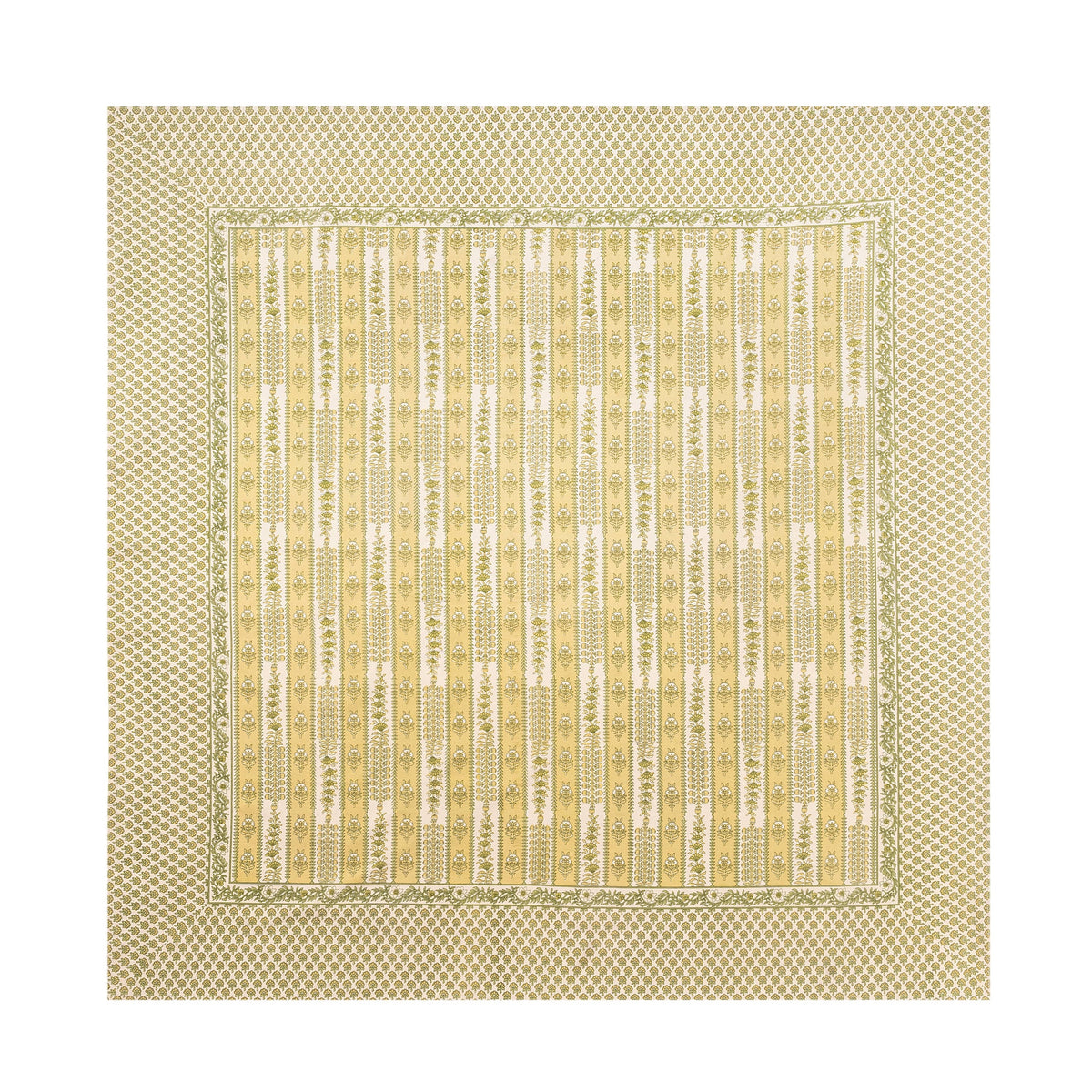 Full view of French Tablecloth Avignon Pistache showcasing botanical border and repeated floral pattern on white background