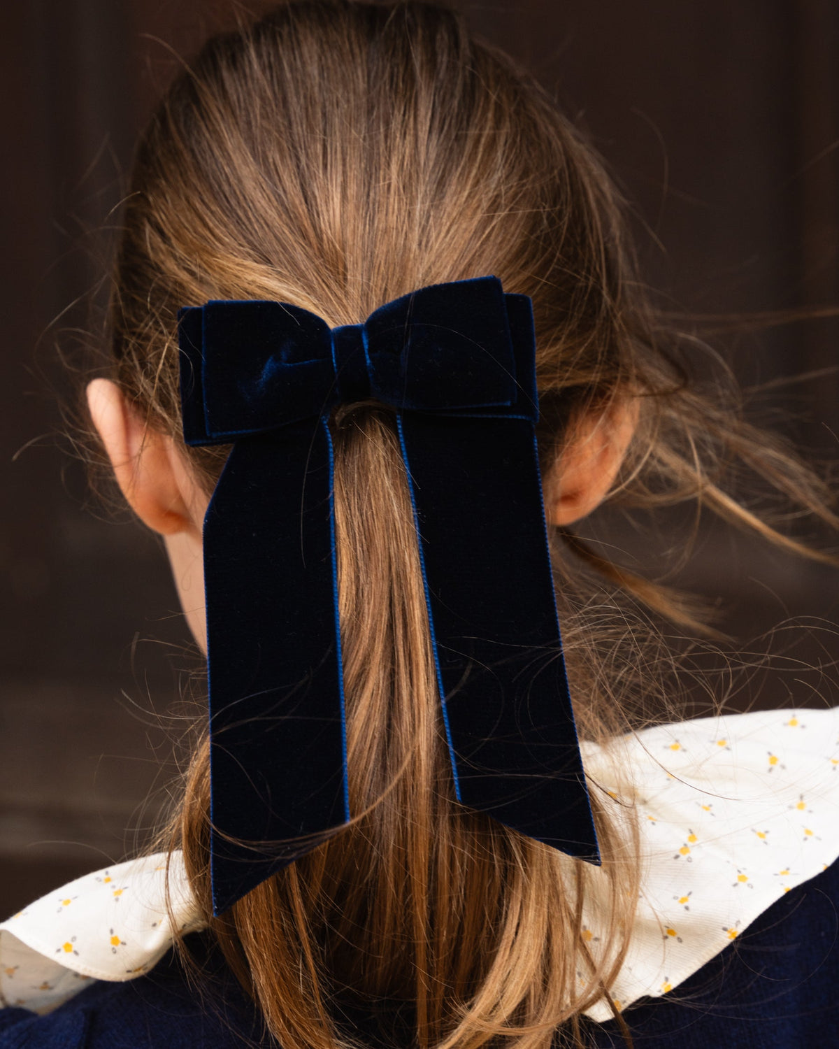 Large Velvet Long Tail Bow in Navy