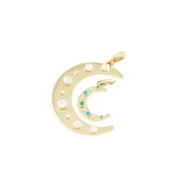 Front view of Flat Crescent Charm showing 18k yellow gold crescent set with diamonds and a nested crescent with green stones