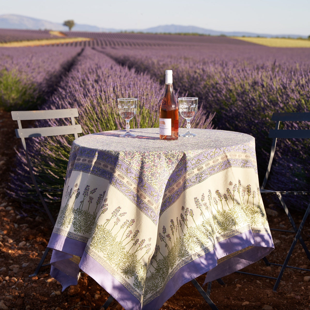 Lavender tablecloth covers a dining table with wine and glasses in a lavender field