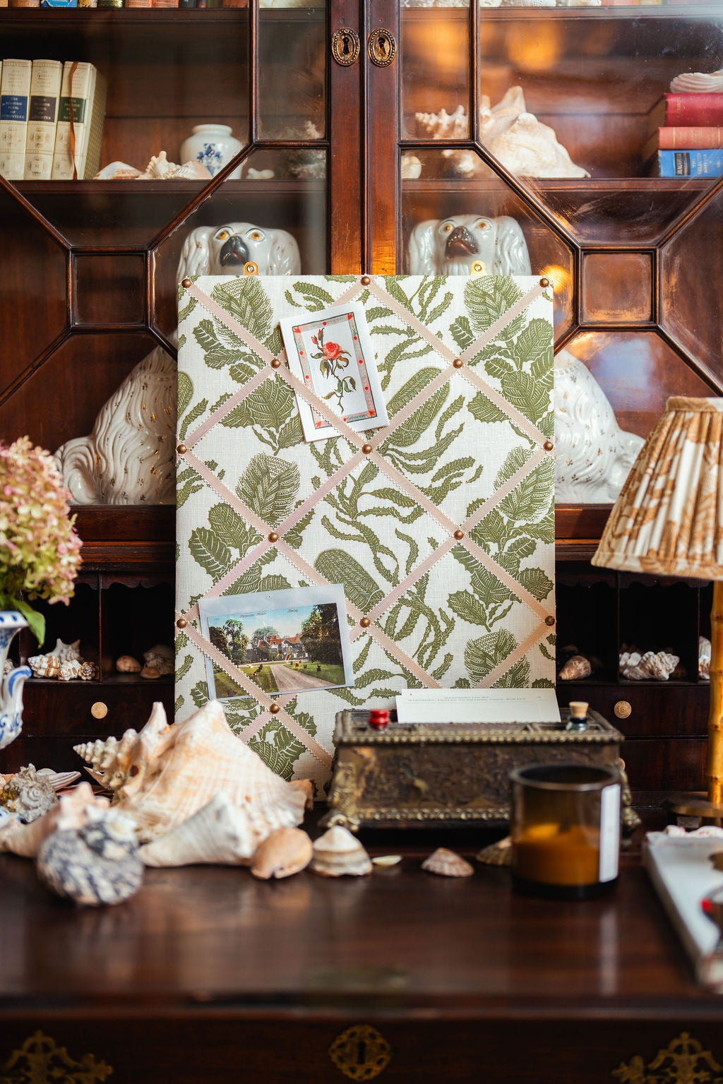Ribboned Bulletin Board in Cape Botanical Botanical Green Print with Macadamia Trim