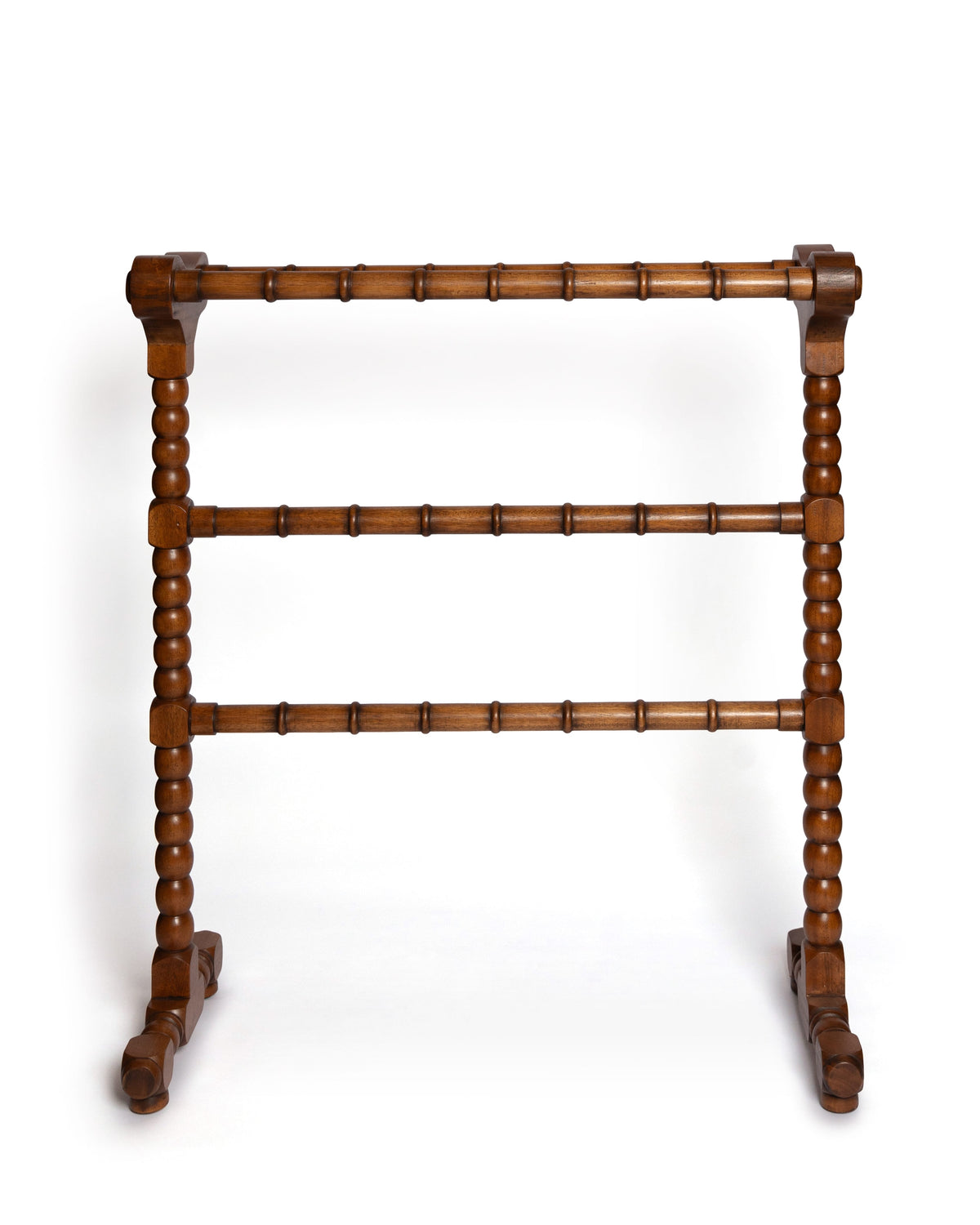 Front view of mahogany clothes horse showcasing three horizontal rungs and turned spindle legs on white background
