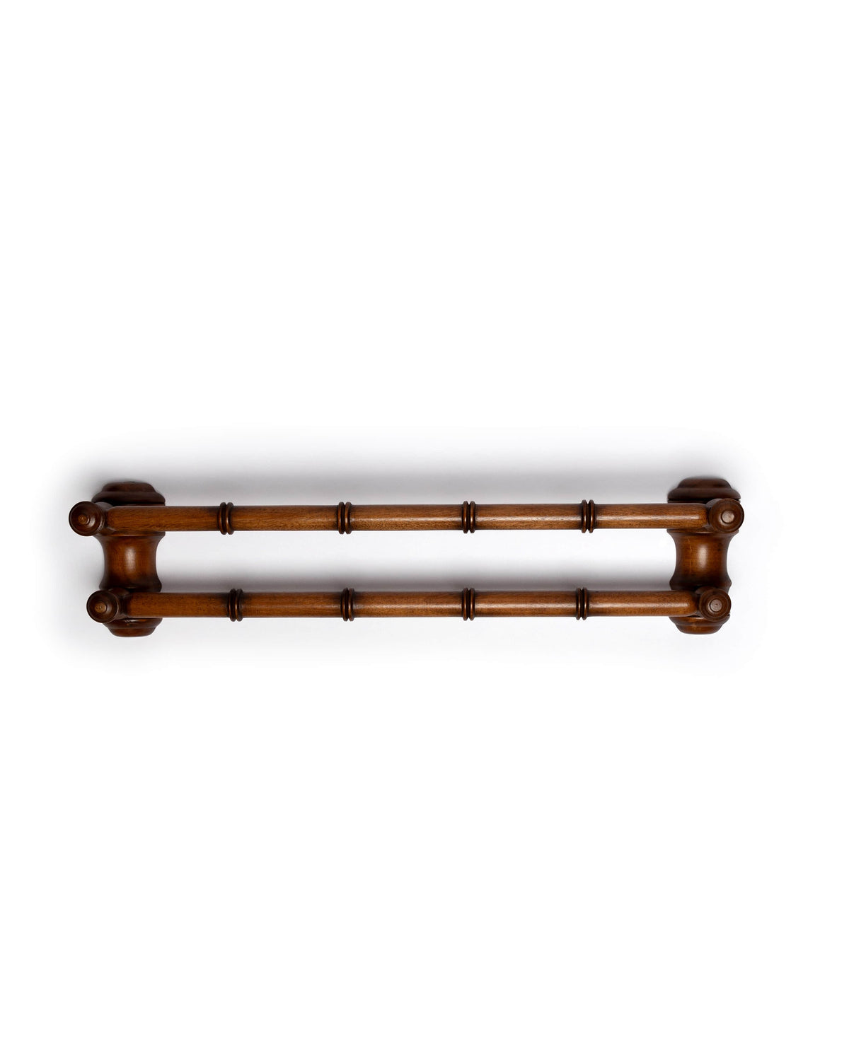 Front view of wooden double-bar towel rail with turned faux-bamboo detailing on white background