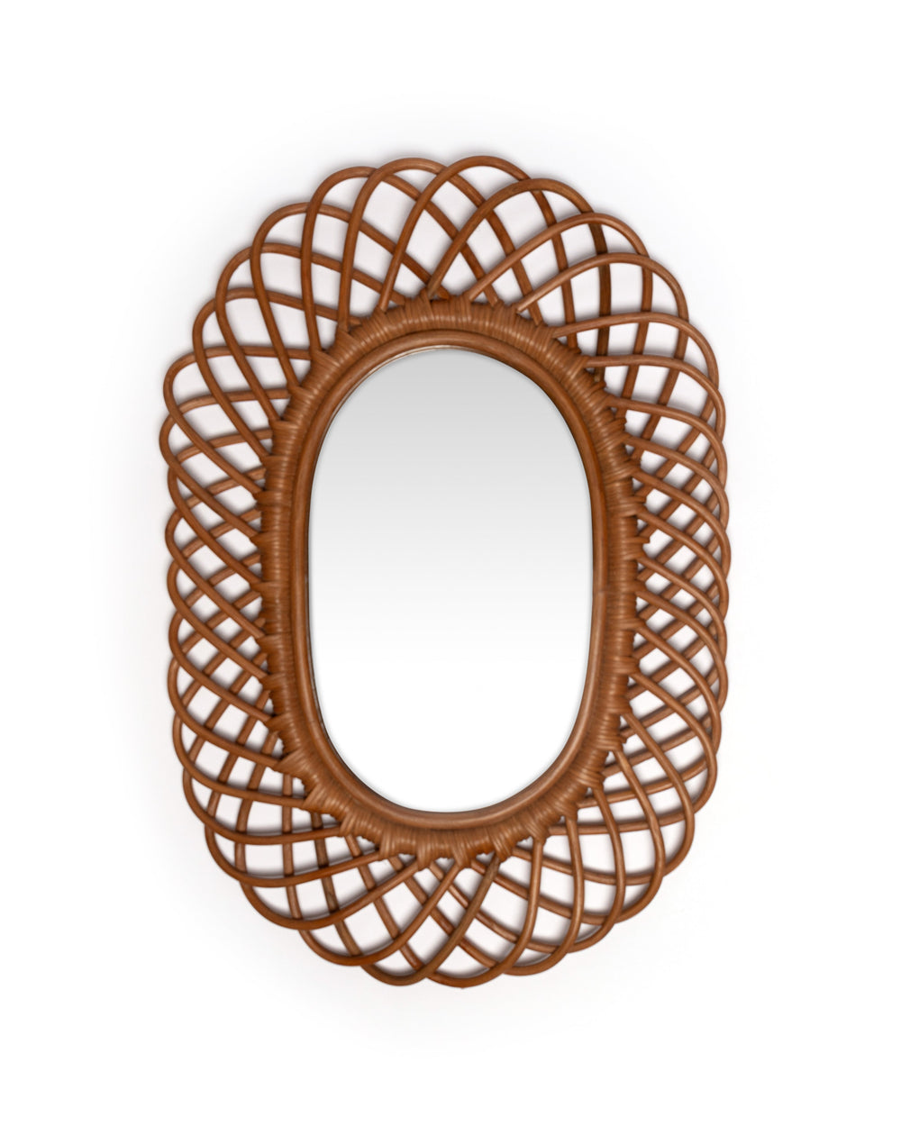 Front view of oval rattan mirror showcasing woven lattice rattan frame on white background
