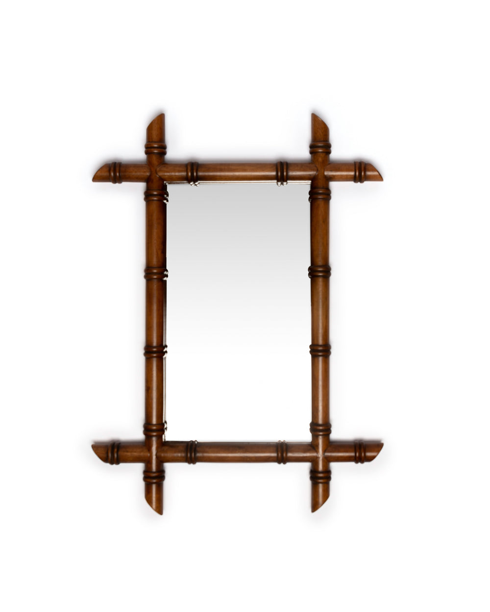 Front view of Sharland England Barber Mirror showcasing faux-bamboo style warm brown frame against white background